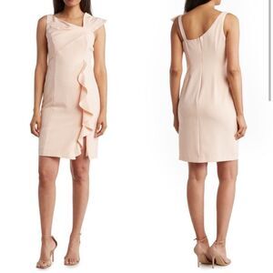 Marina Asymmetrical Neck Sleeveless Side Ruffle Bow Sheath Dress Blush Pink NEW